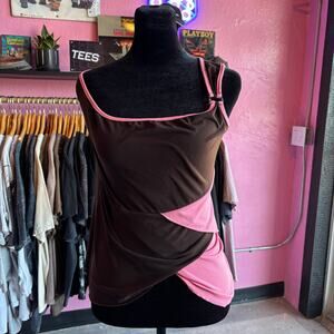 Vintage Y2K Vanity Brown and pink asymmetrical off-the-shoulder top Size S